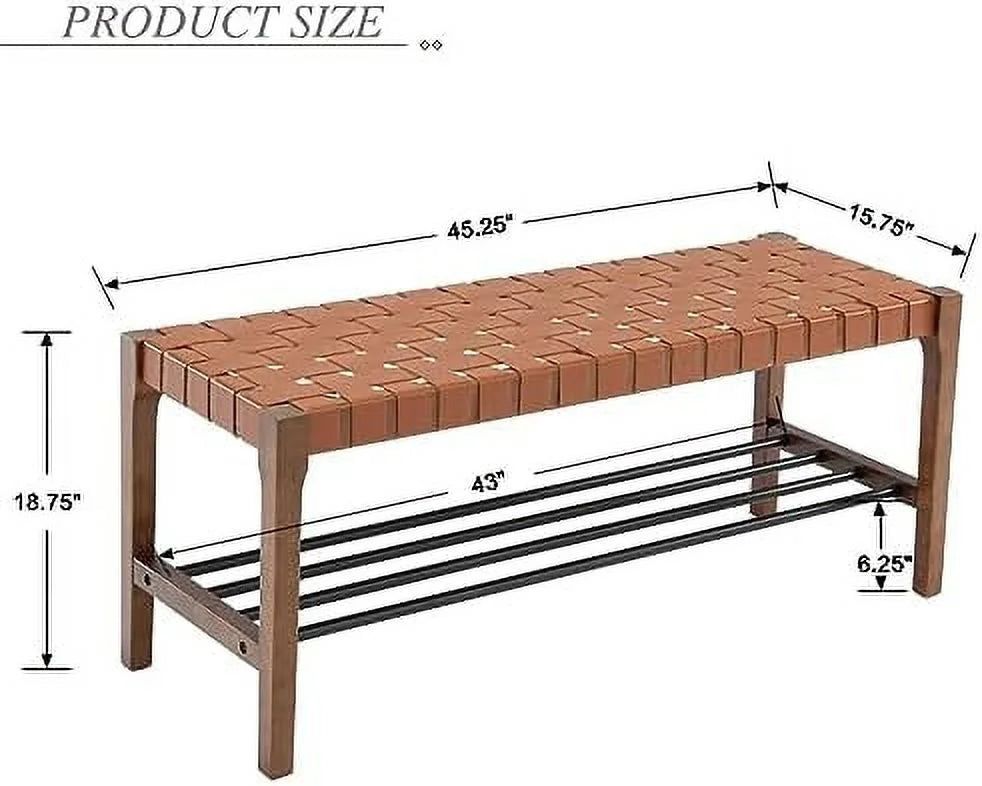 Rustic Wood 45 Inch Woven Bench with Metal Shoe Rack S8264