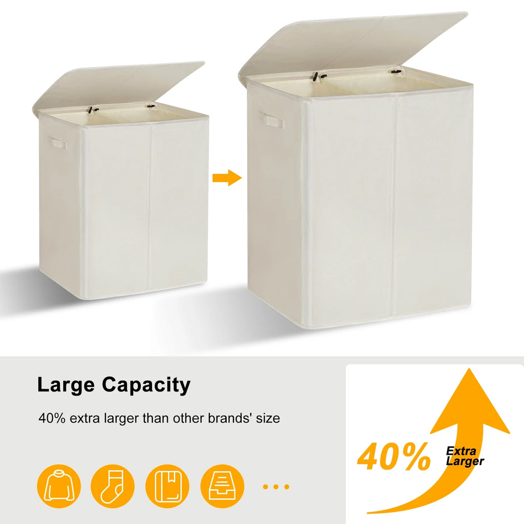 Beige Double Laundry Hamper with Lid and 2 Removable Liner Bags N176447