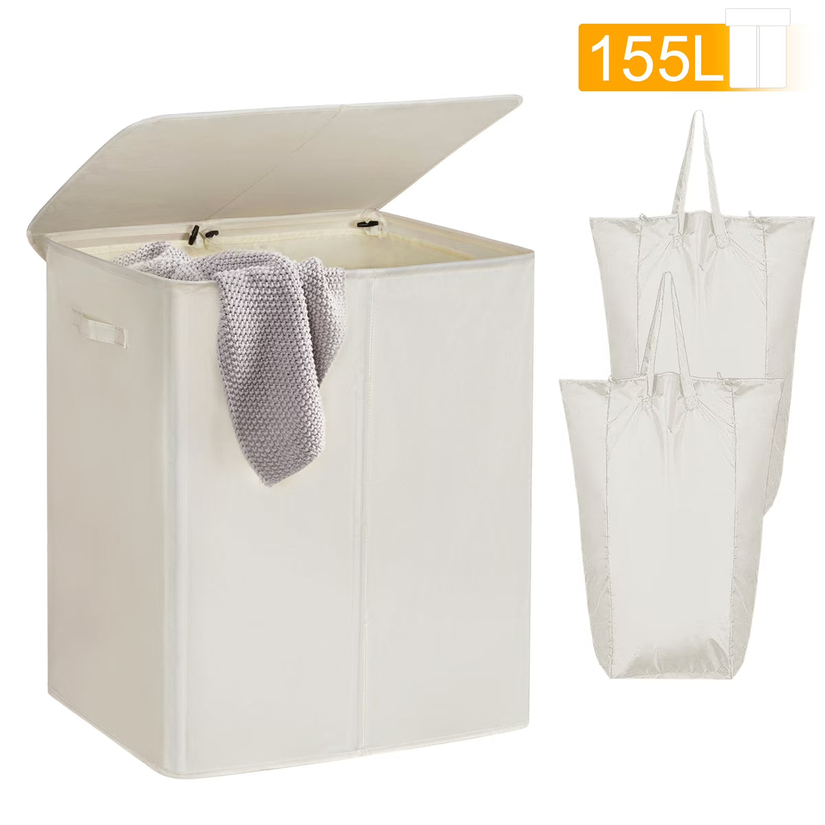 Beige Double Laundry Hamper with Lid and 2 Removable Liner Bags N176447