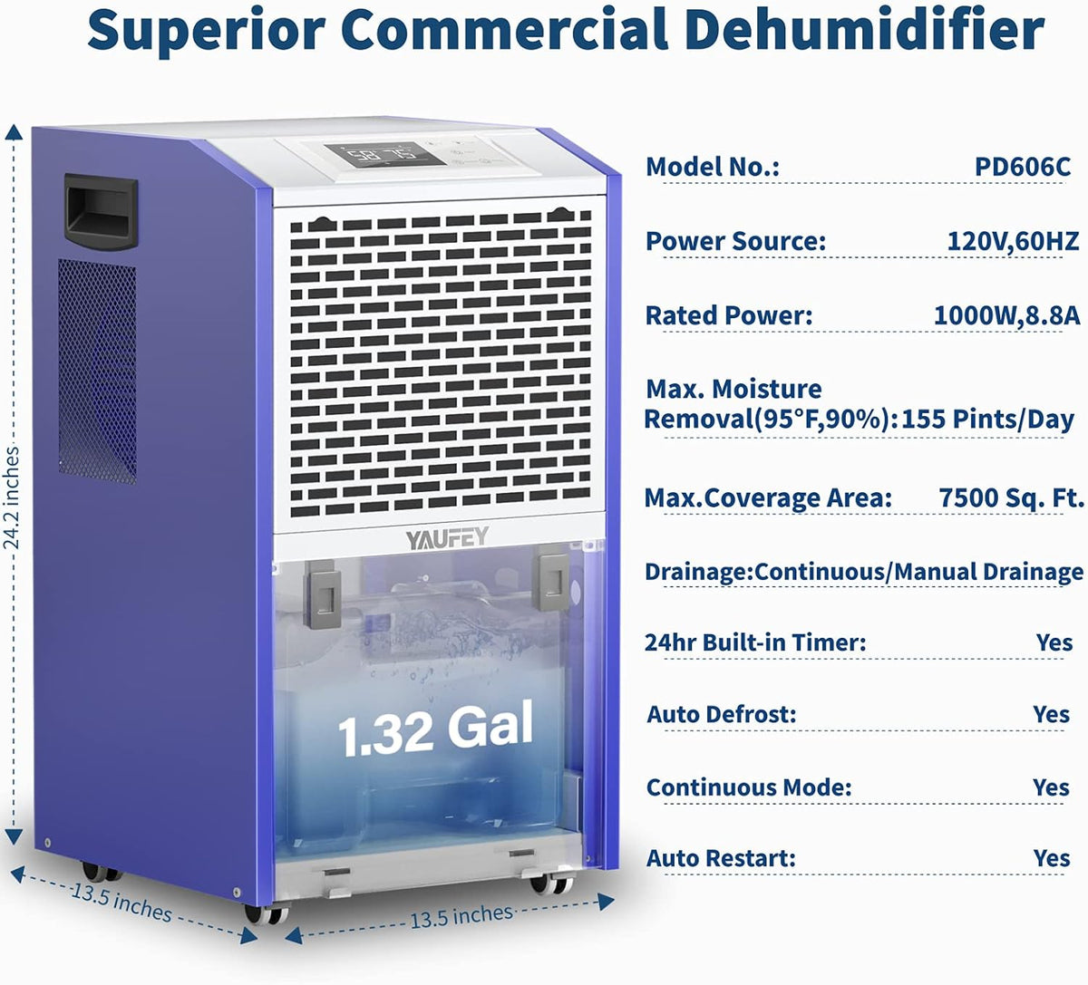 155 Pints Dehumidifier with Drain Hose, Auto Defrost I43499