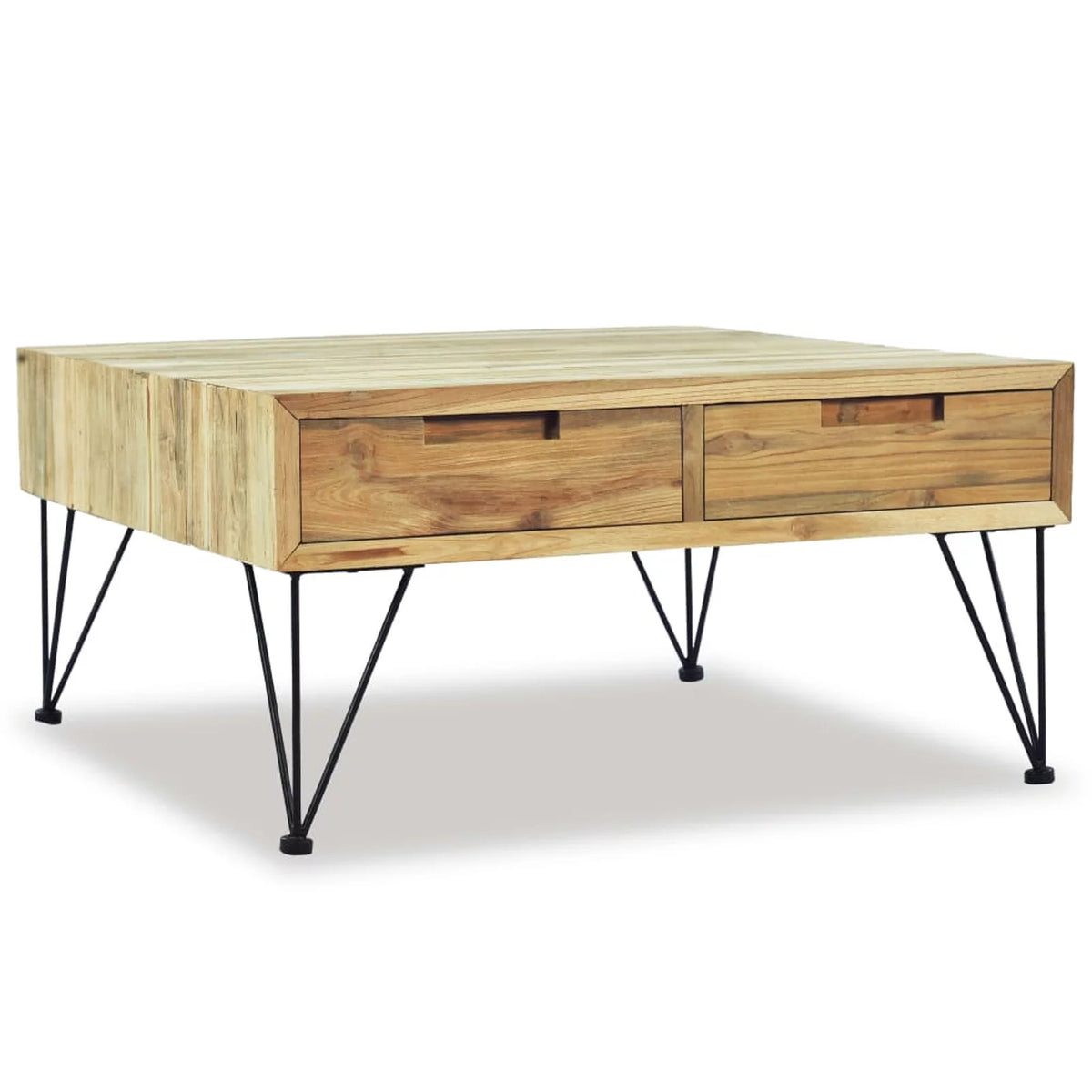 Coffee Table with 2 Storage Drawers Teak Wood Wrought Iron Legs Q679
