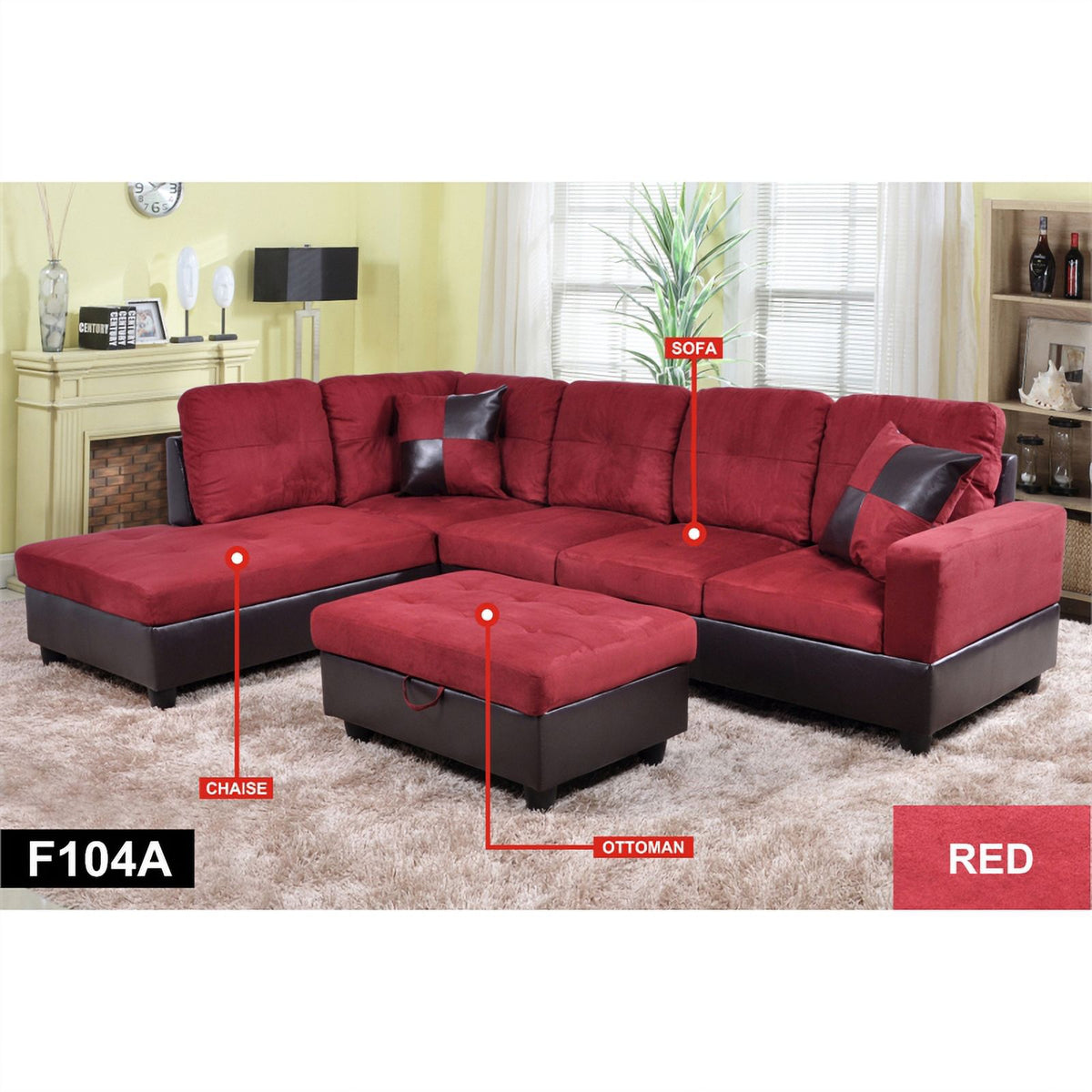 Red Raspberry Microfiber Faux Leather Sofa Set I942