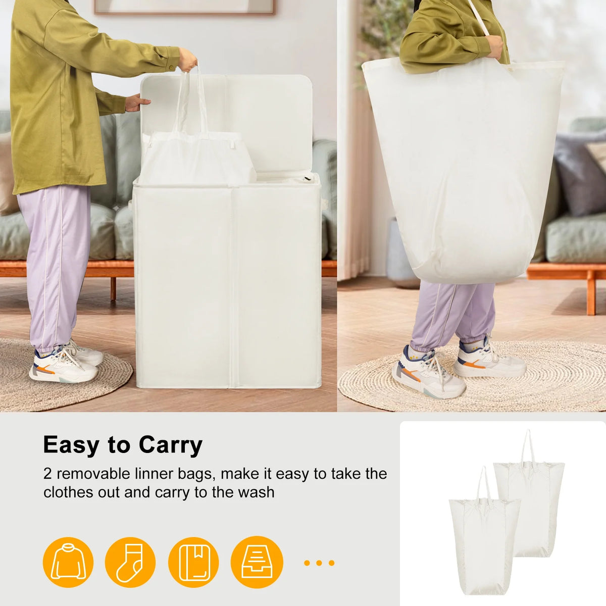 Beige Double Laundry Hamper with Lid and 2 Removable Liner Bags N176447