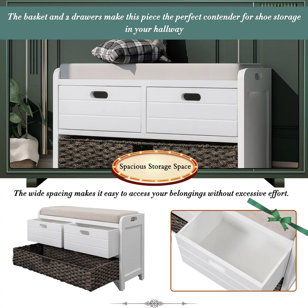 White Storage Bench with Removable Basket and 2 Drawers C4043
