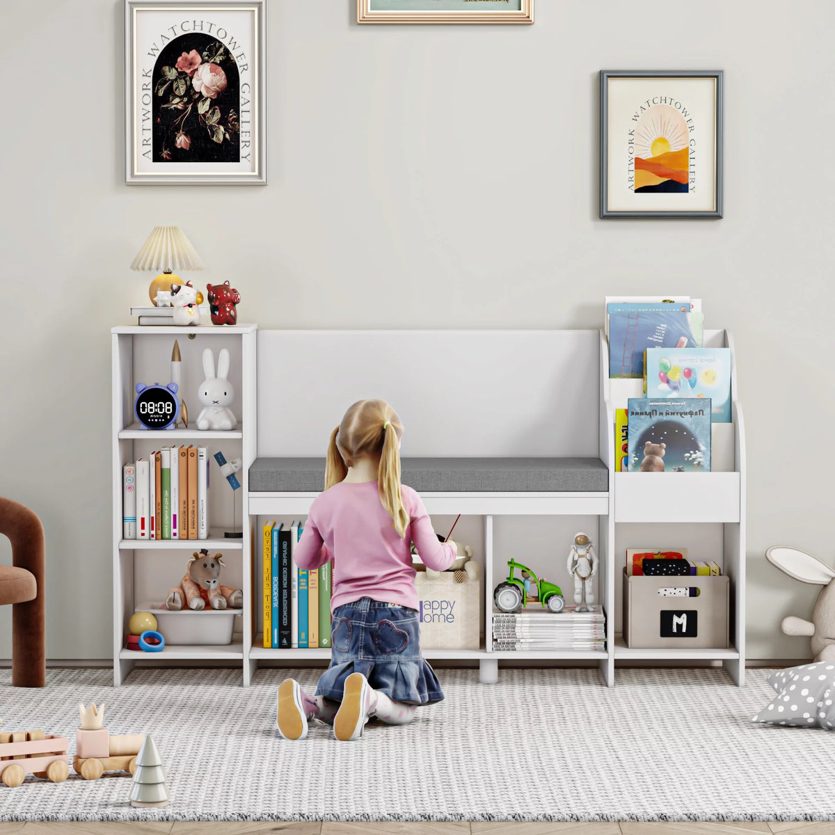 White 2 Seats 7 Cube Kids Bookshelf with Reading Nook S88313