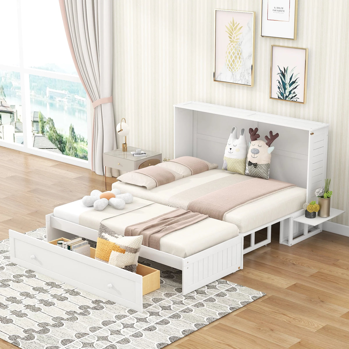 Queen Size Solid Wood Murphy Platform Bed with Drawer Q40191