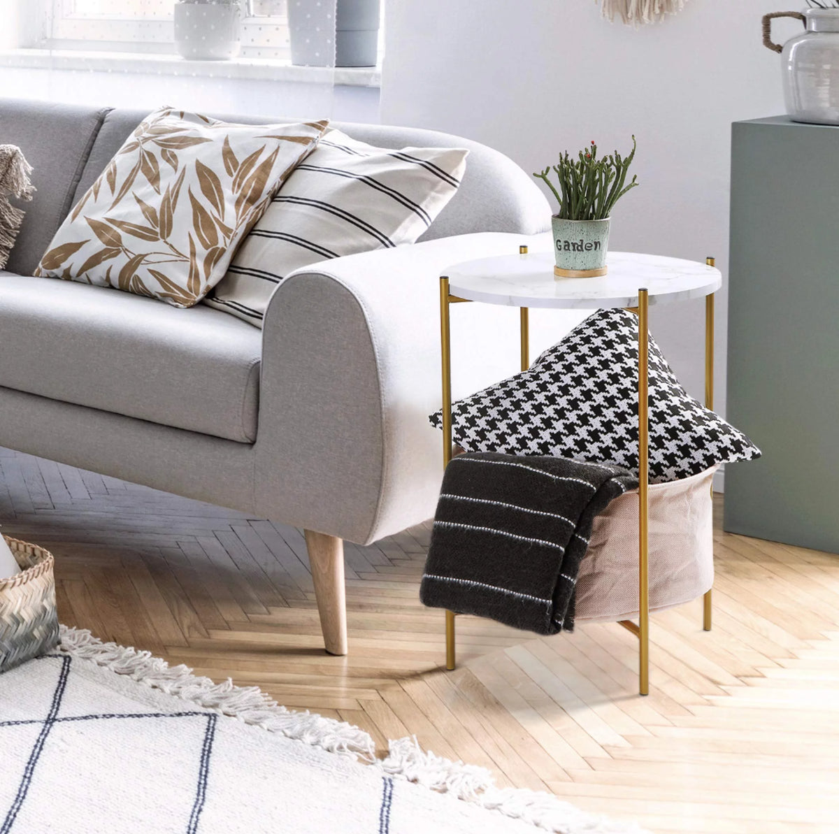 Round 2-Tier End Table with Fabric Storage Basket X990305