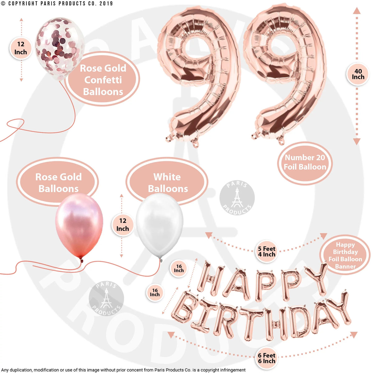 Rose Gold 99th Birthday Decoration with Curtain, Sash, Cake Topper, Photo Props, Confetti Balloons K897167