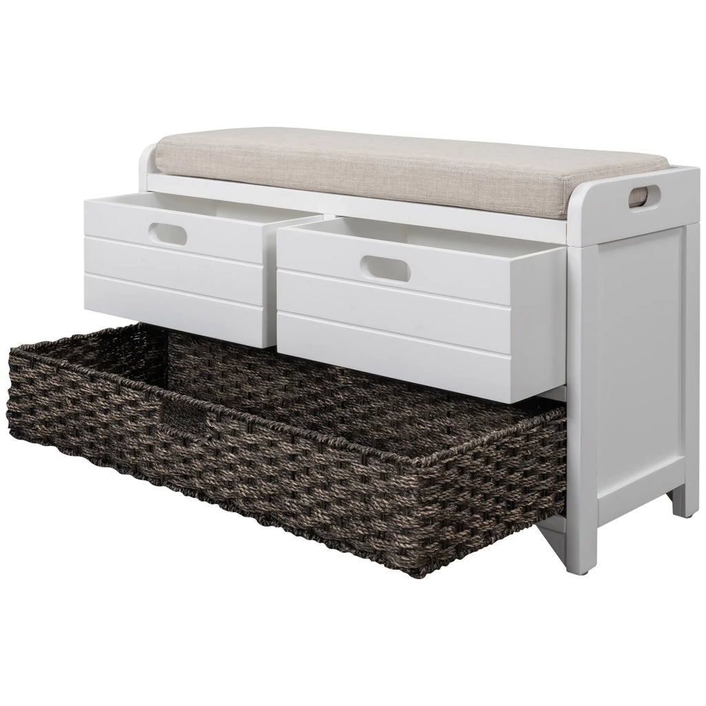 White Storage Bench with Removable Basket and 2 Drawers C4043