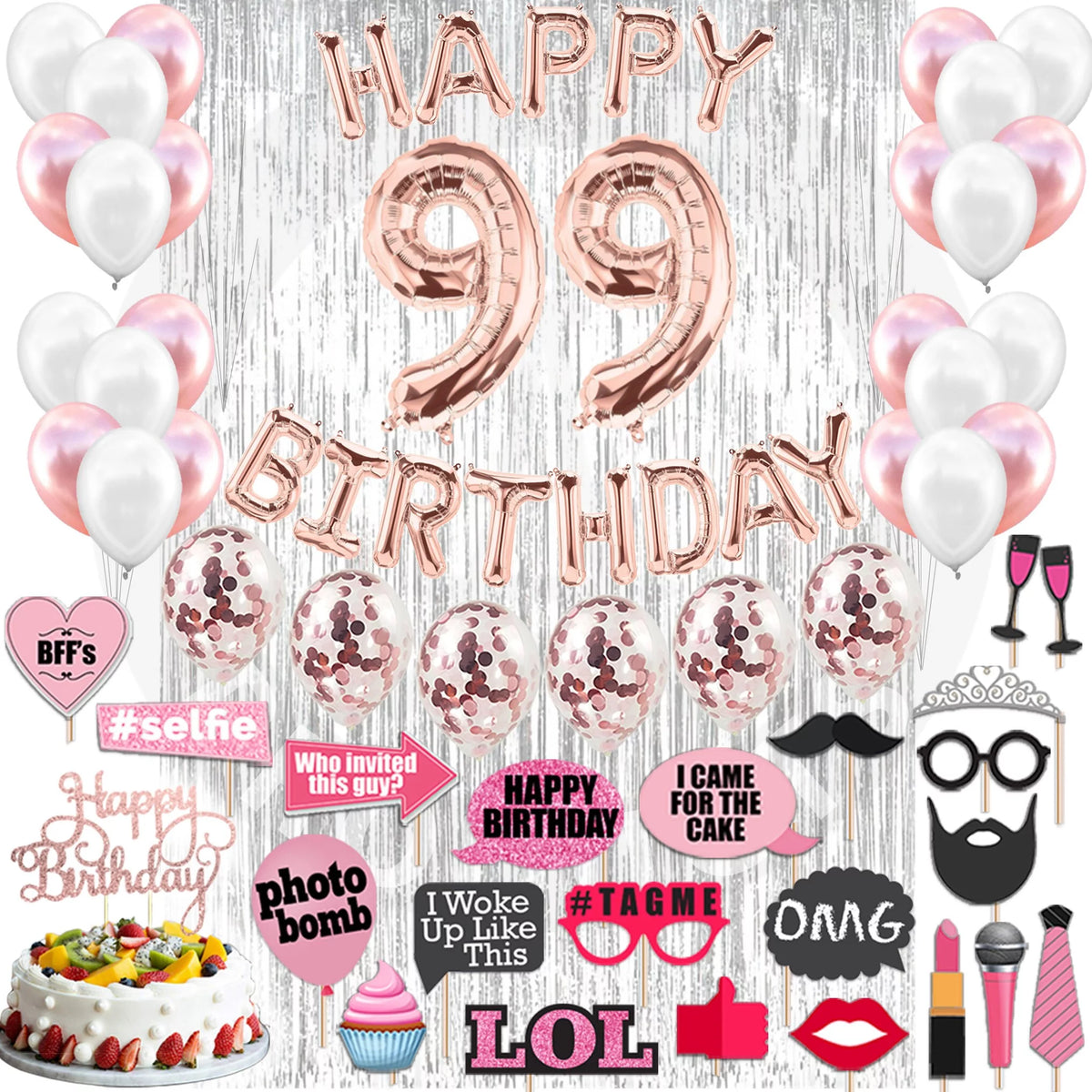 Rose Gold 99th Birthday Decoration with Curtain, Sash, Cake Topper, Photo Props, Confetti Balloons K897167