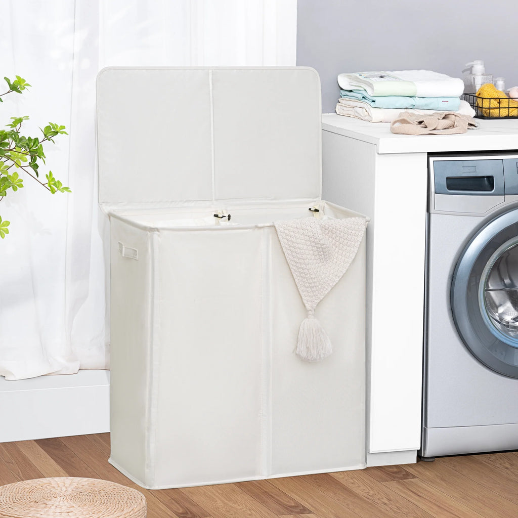 Beige Double Laundry Hamper with Lid and 2 Removable Liner Bags N176447