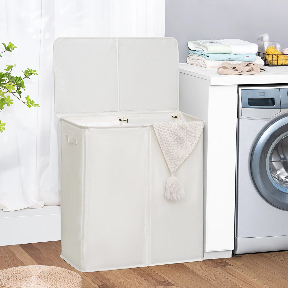 Beige Double Laundry Hamper with Lid and 2 Removable Liner Bags N176447
