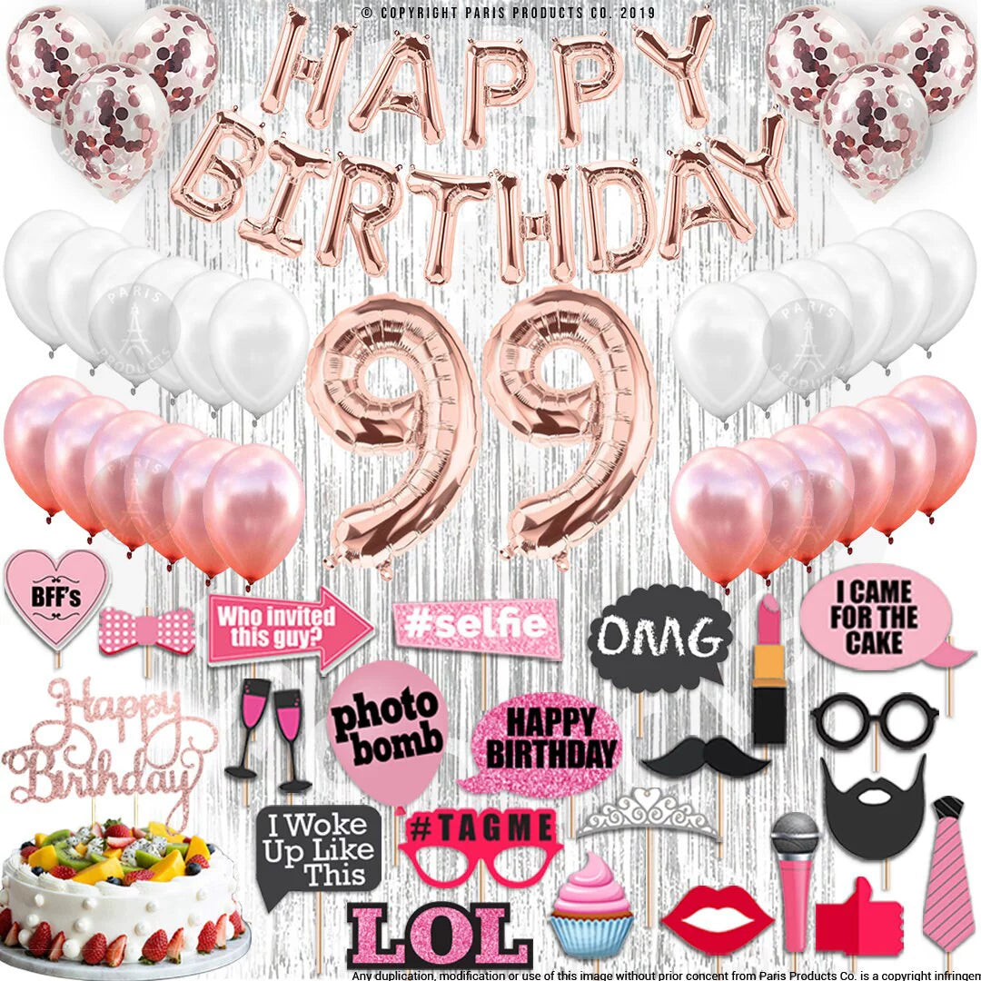 Rose Gold 99th Birthday Decoration with Curtain, Sash, Cake Topper, Photo Props, Confetti Balloons K897167