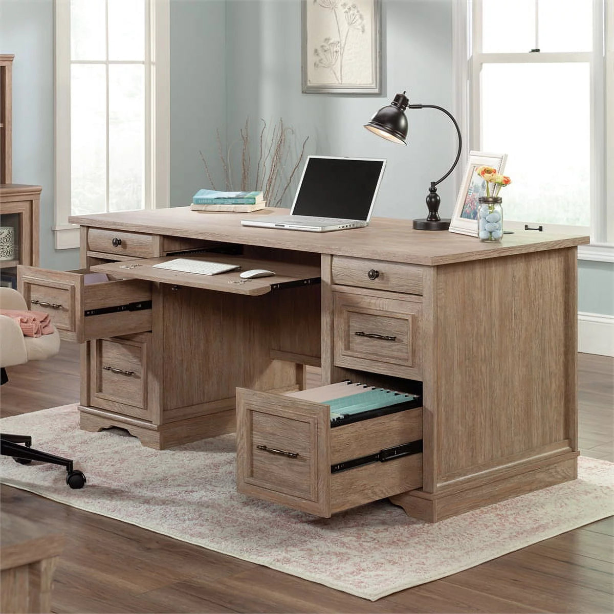 Contemporary Brushed Oak Pedestal Desk L21951