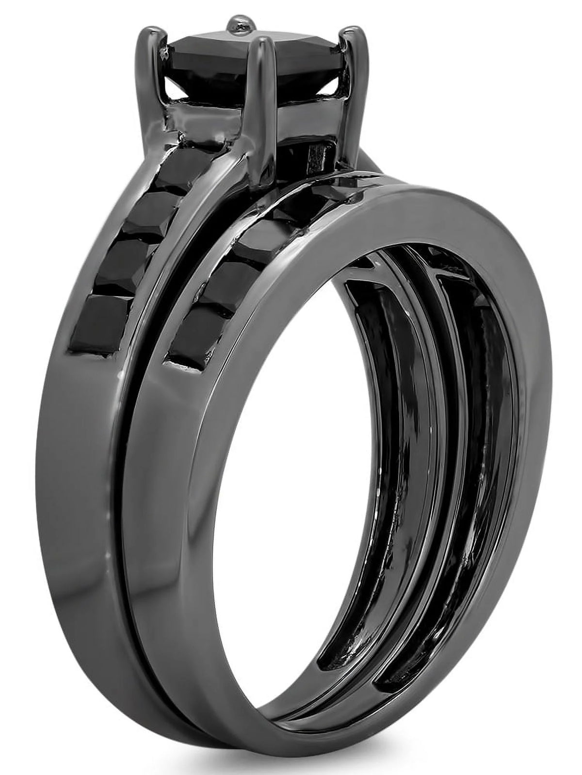 2.35 Carat Black Rhodium Plated Sterling Silver Black Diamond Engagement Ring Set H5912