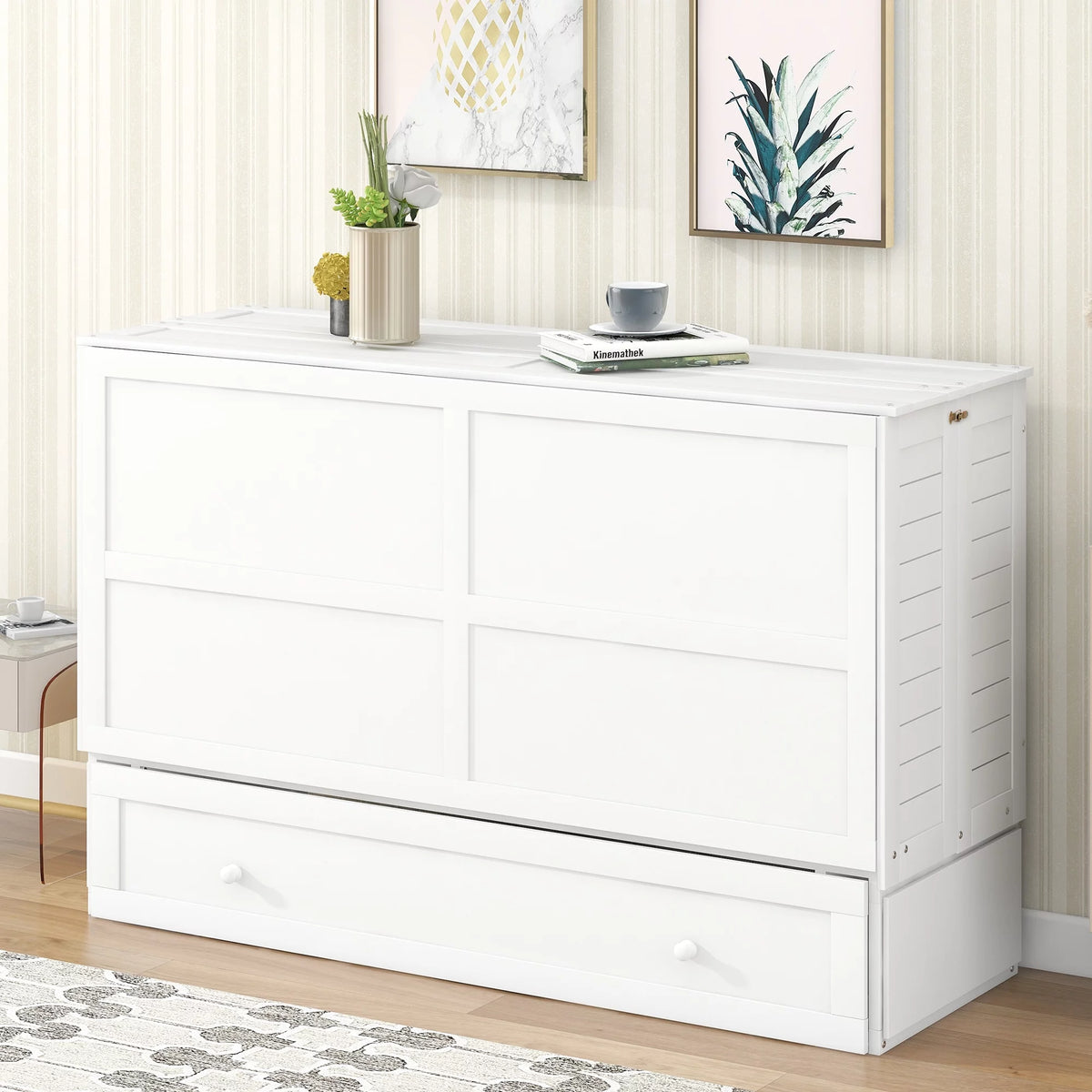 Queen Size Solid Wood Murphy Platform Bed with Drawer Q40191