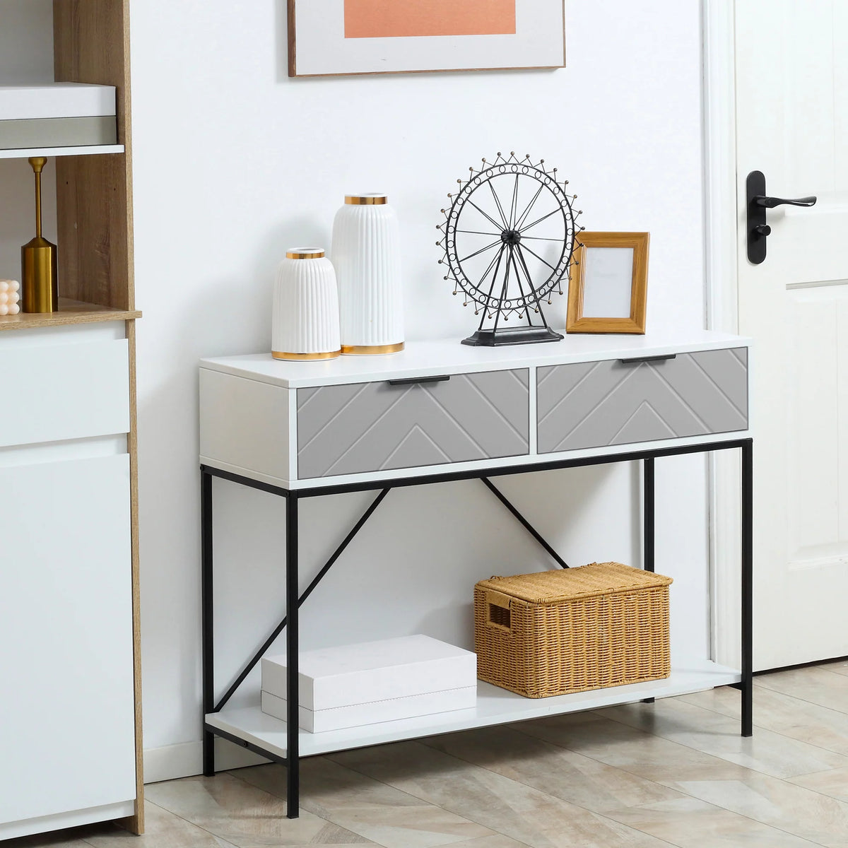 White Console Table with 2 Drawers and Open Shelf X77434