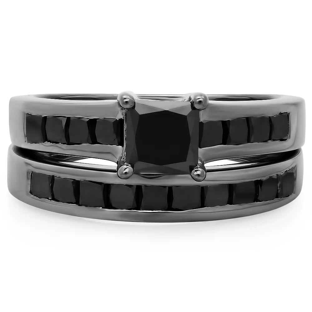 2.35 Carat Black Rhodium Plated Sterling Silver Black Diamond Engagement Ring Set H5912