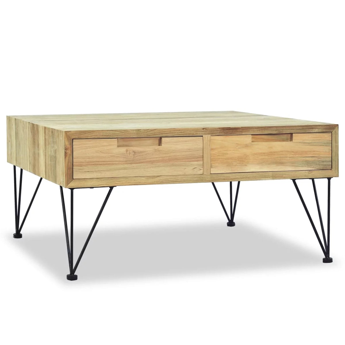 Coffee Table with 2 Storage Drawers Teak Wood Wrought Iron Legs Q679