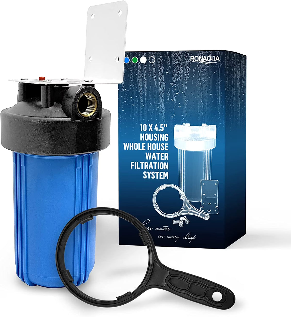 10 x 4.5 Whole House Filter Purifier System, 1 NPT Brass Port, Blue, 1 Set N155629