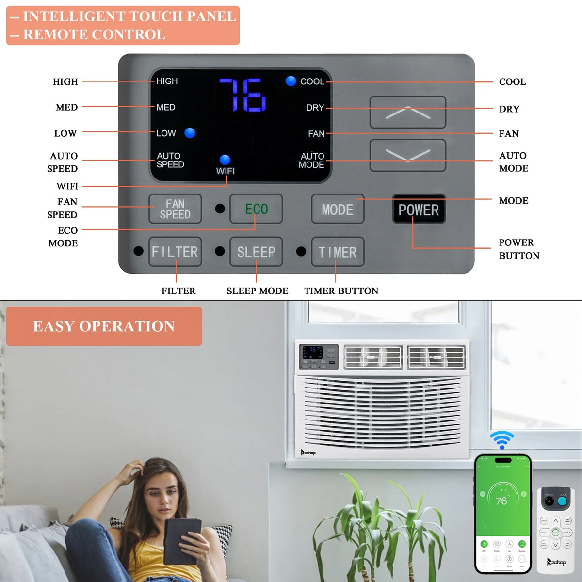 10000BTU Window Air Conditioner with WiFi and Eco Mode, White S544679