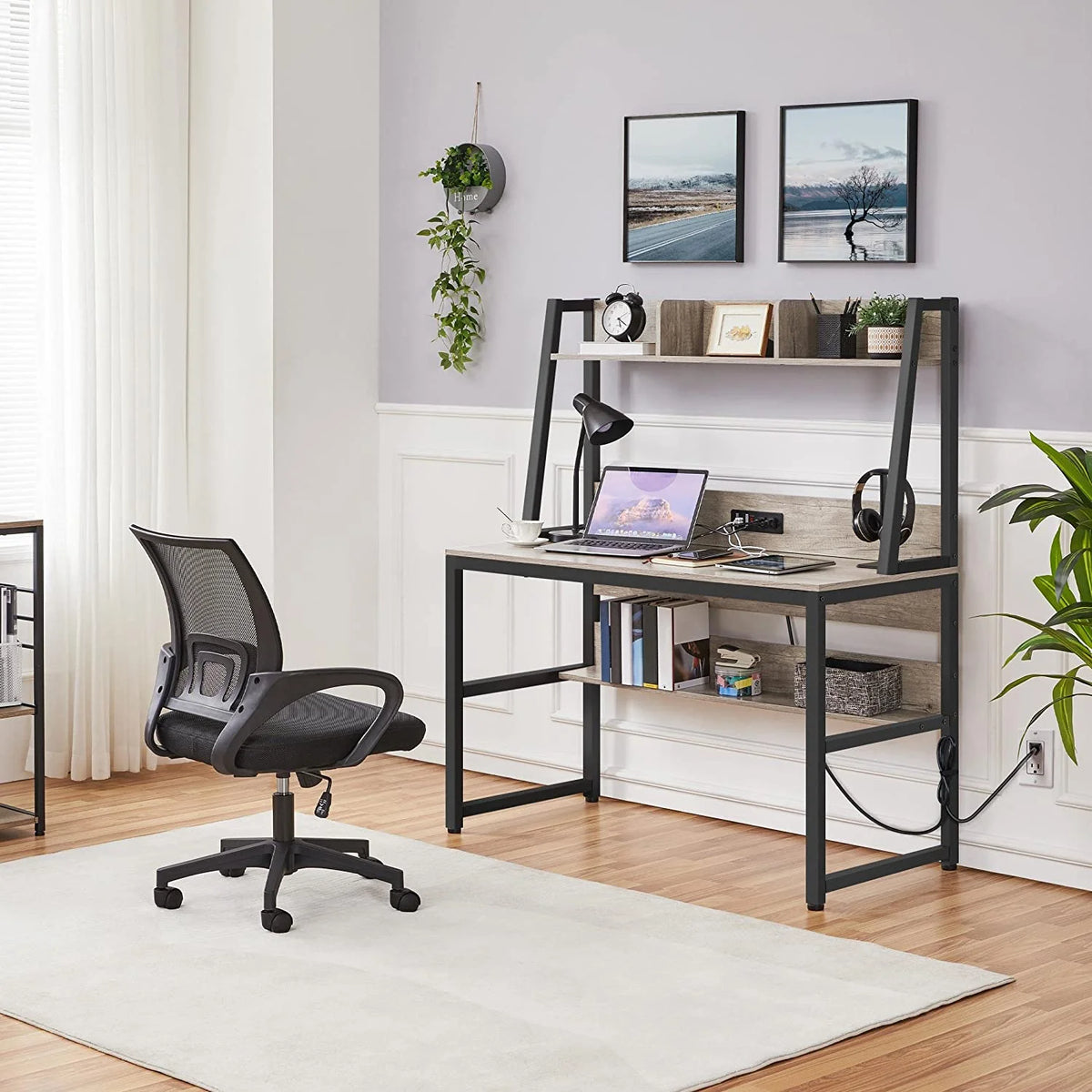 Gray Home Office Desk and Chair Set with Power Outlet Q1903