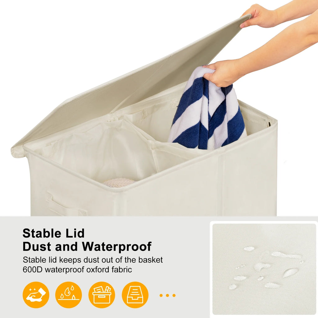 Beige Double Laundry Hamper with Lid and 2 Removable Liner Bags N176447