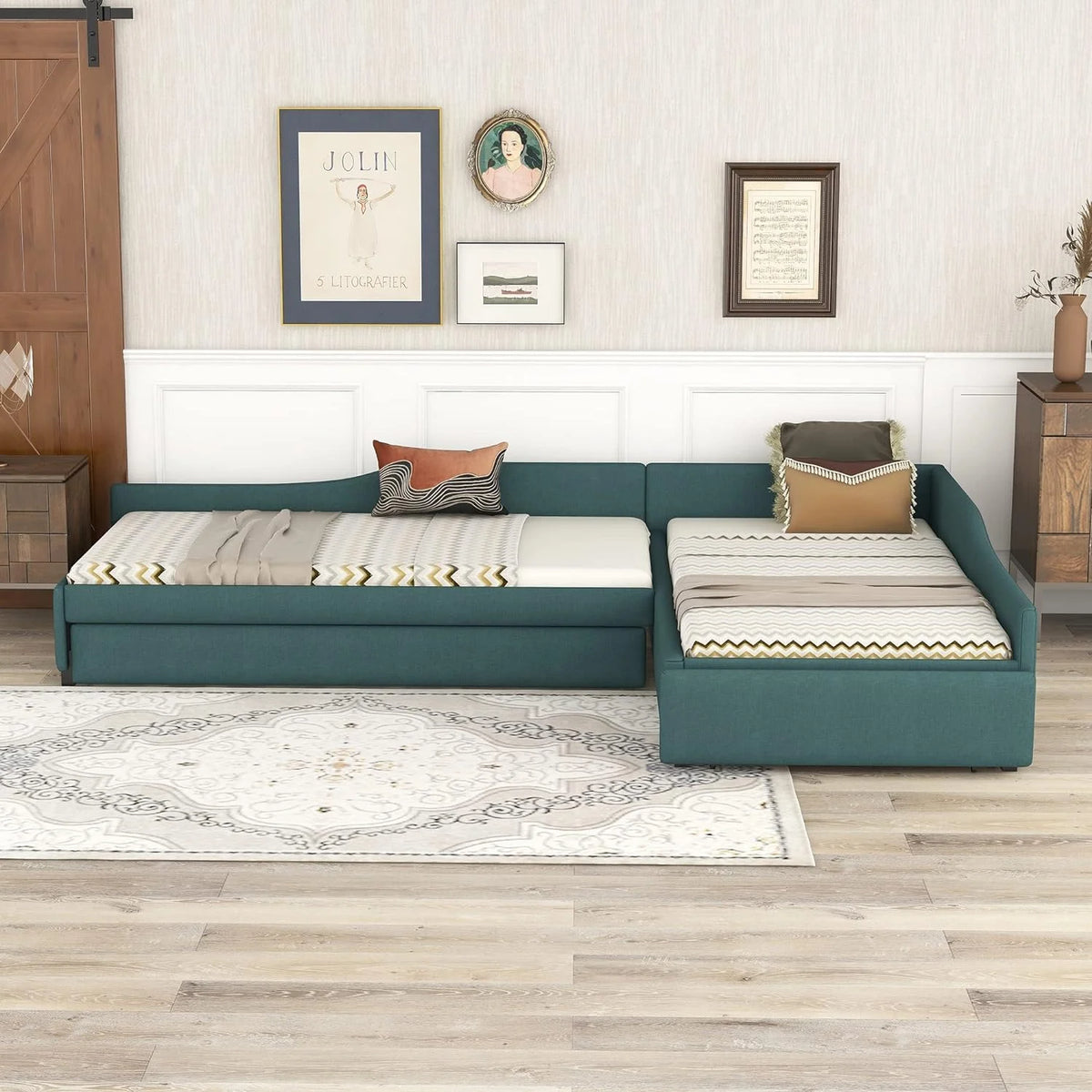 Green Upholstered Double Size Daybed with Trundle and Drawer V41201