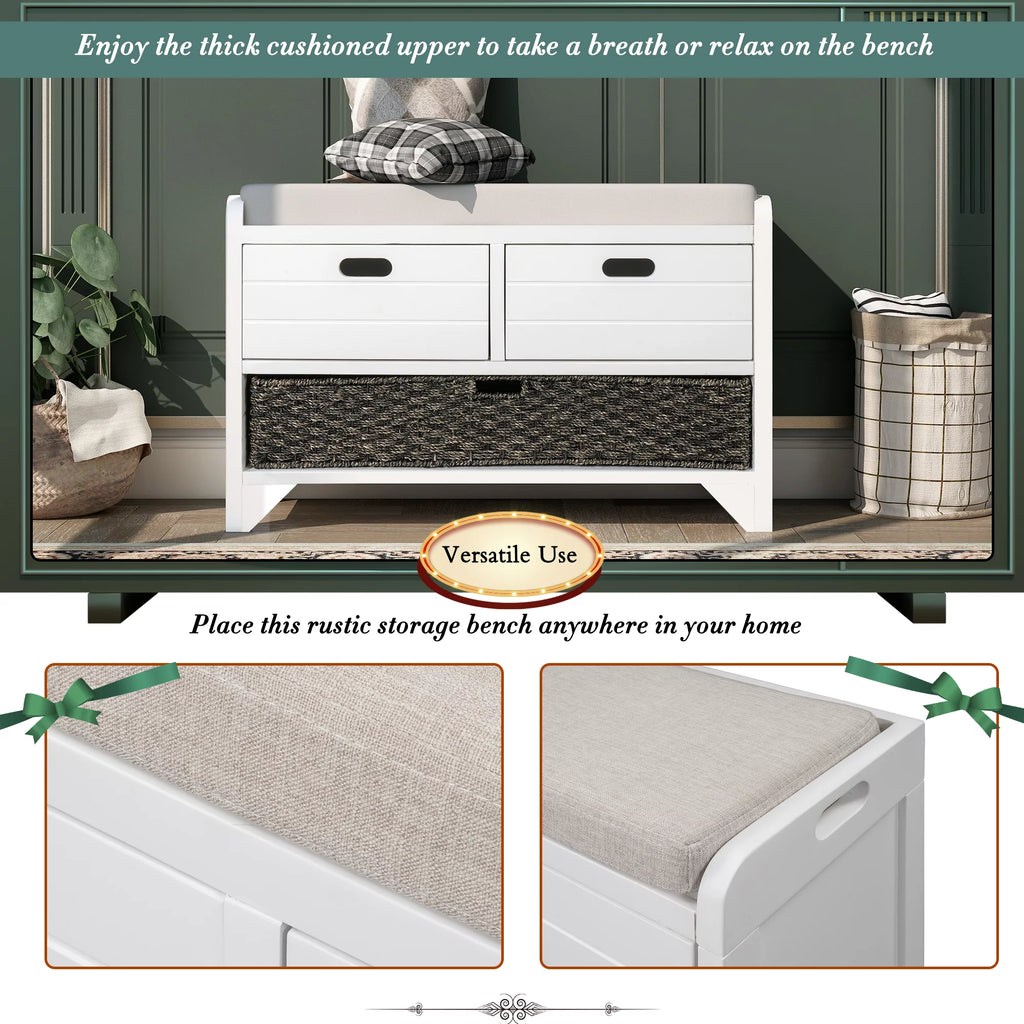 White Storage Bench with Removable Basket and 2 Drawers C4043