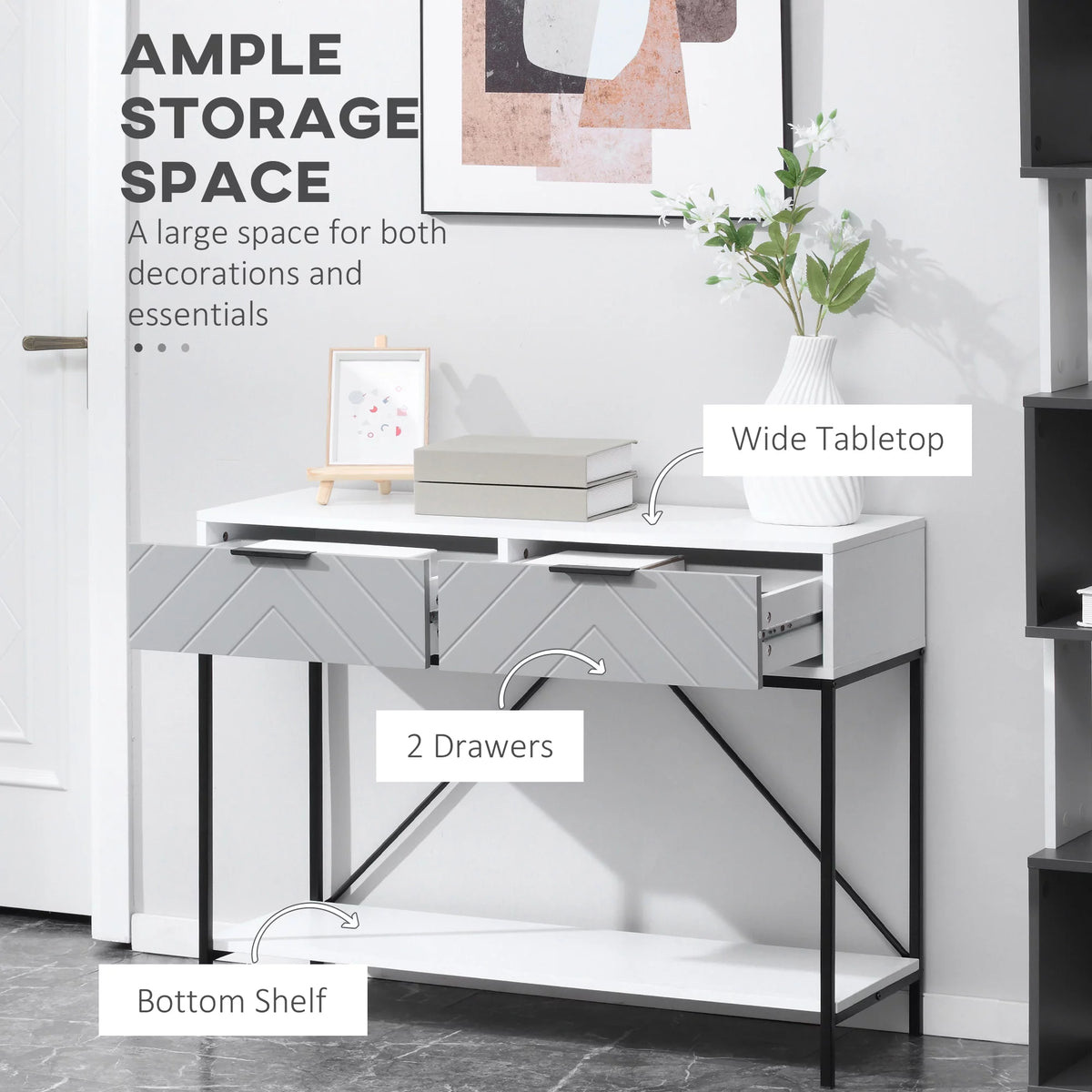 White Console Table with 2 Drawers and Open Shelf X77434