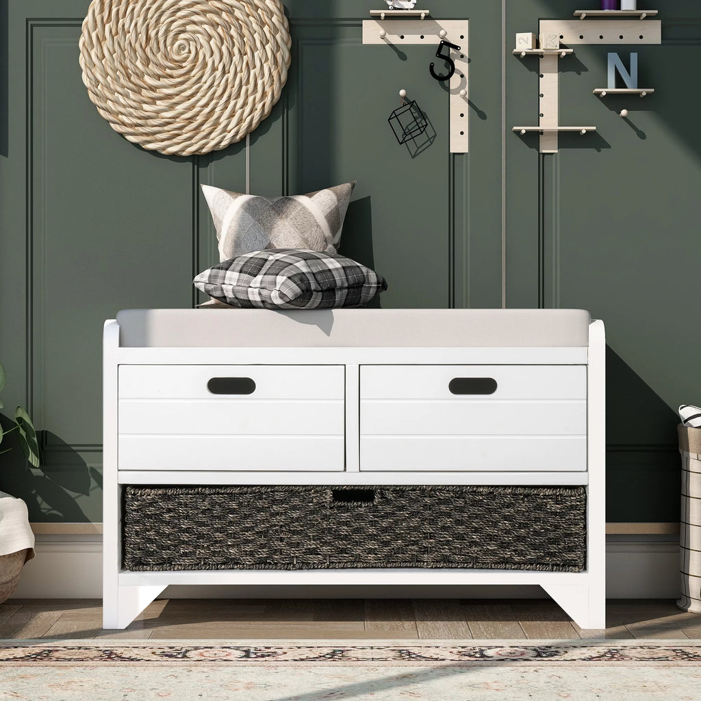 White Storage Bench with Removable Basket and 2 Drawers C4043