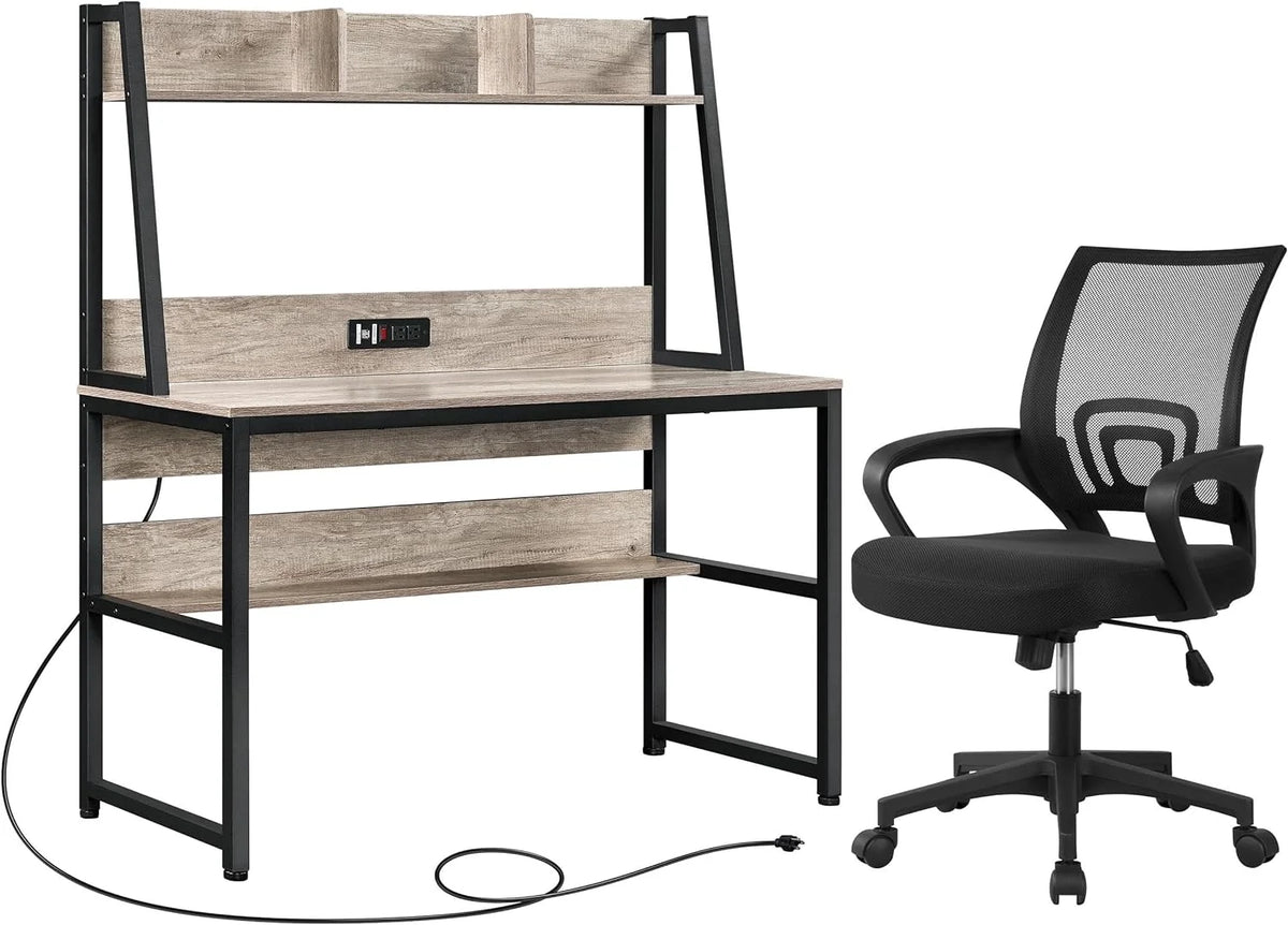 Gray Home Office Desk and Chair Set with Power Outlet Q1903