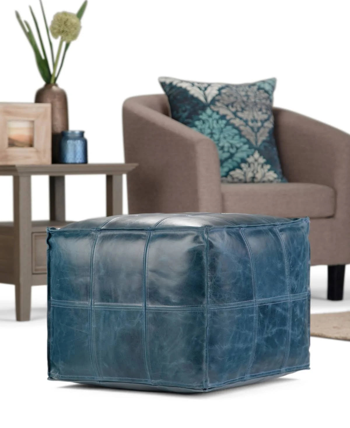 Teal Leather Square Pouf A628605